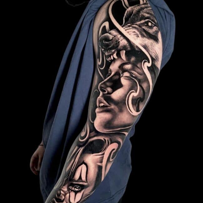 Penno Tattoo Artist Animal Realism Chicano Wolf Full Sleeve Tattoo