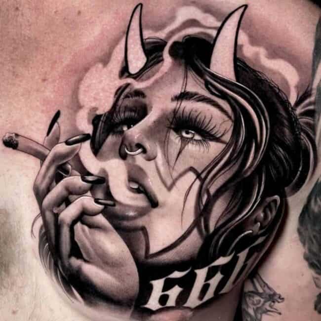 Penno Tattoo Artist Chicano Realism Girl Devil Smoking Chest Tattoo brisbane chicano tattoo