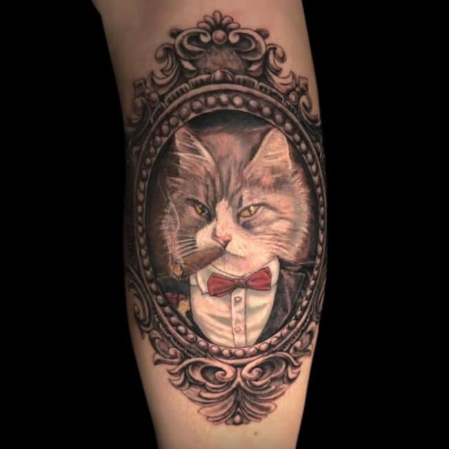 Raurie Tattoo Artist Micro Realism Cat Suit Bowtie Cigar Frame Arm Tattoo