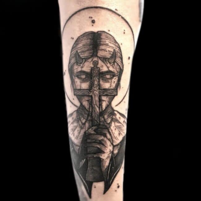Sheela Tattoo Artist Devil Woman With Cross Neo Traditional Arm Tattoo