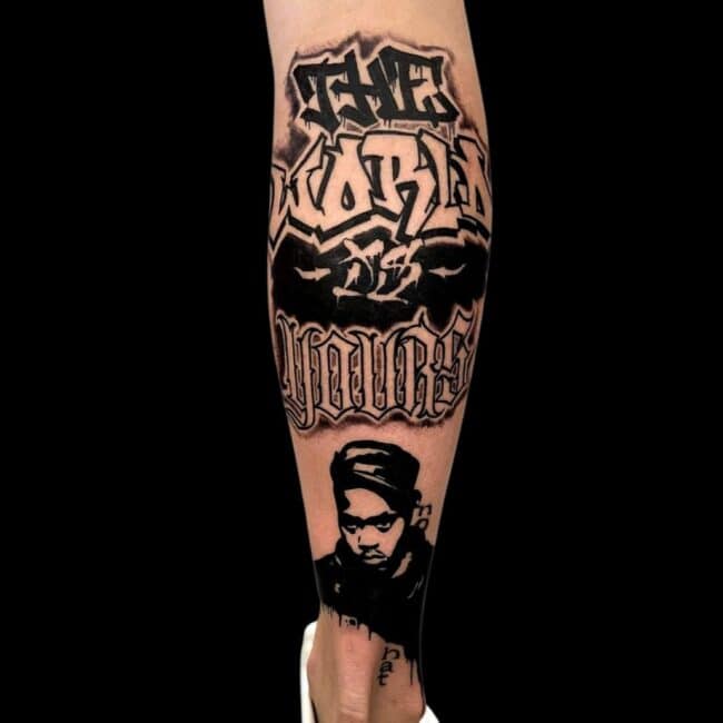 Truth Tattoo Artist Graffiti Script Realism Rapper Hip Hop Calf Leg Tattoo