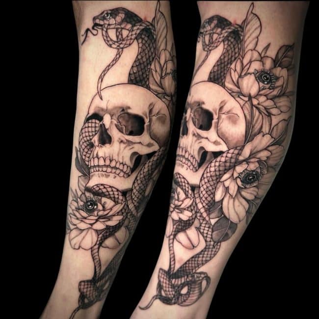 Ali Tattoo Artist Neo Traditional Fine Line Skull Snake Flowers With Eyes Arm Forearm Tattoo