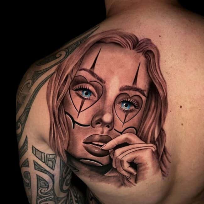 Erick Suarez Realism Portrait Chicano Mexican Girl Colour Blues Eyes Back Shoulder Tattoo