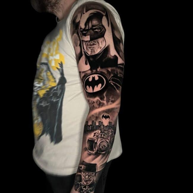 Erick Suarez Tattoo Artist Cartoon Superhero Batman Joker Sleeve Arm Tattoo