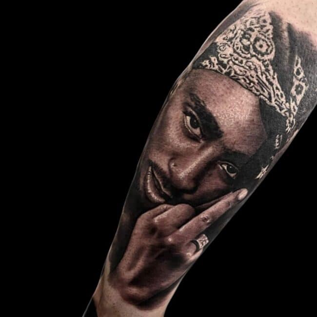 Jake Jones Tattoo Artist Realism Portrait Hip Hop Tupac Celebrity Calf Leg Tattoo