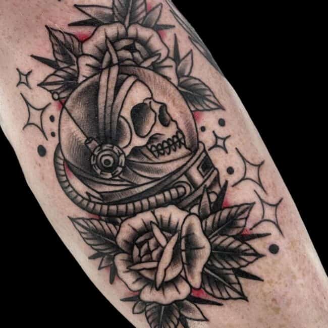 Michael Tattoo Artist Neo Traditional Skull Astronaut Roses Arm Tattoo