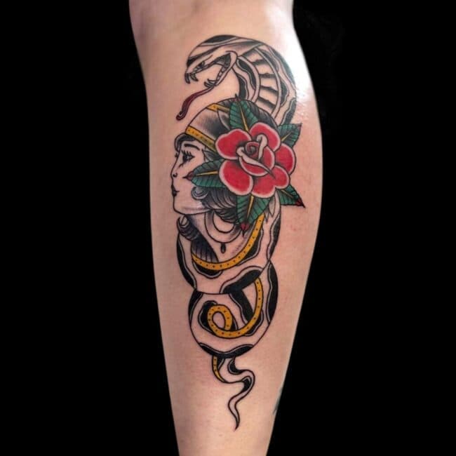 Michael Tattoo Artist Neo Traditional Snake Flower Calf Leg Tattoo