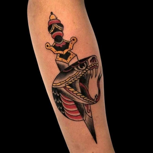 Michael Tattoo Artist Traditional Snake With Knife Forearm Tattoo brisbane neo traditional tattoo