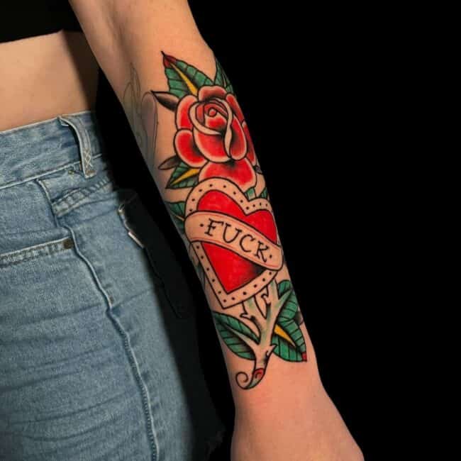 Michael Tattoo Artist Traditional Colour Floral Rose With Heart Script Forearm Tattoo