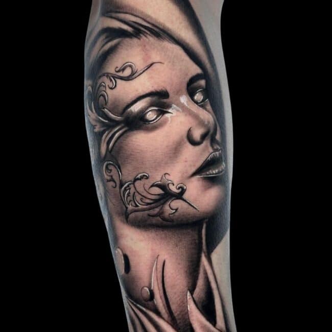 Nicolas Tattoo Artist Black Grey White Realism Woman Portrait Forearm Tattoo