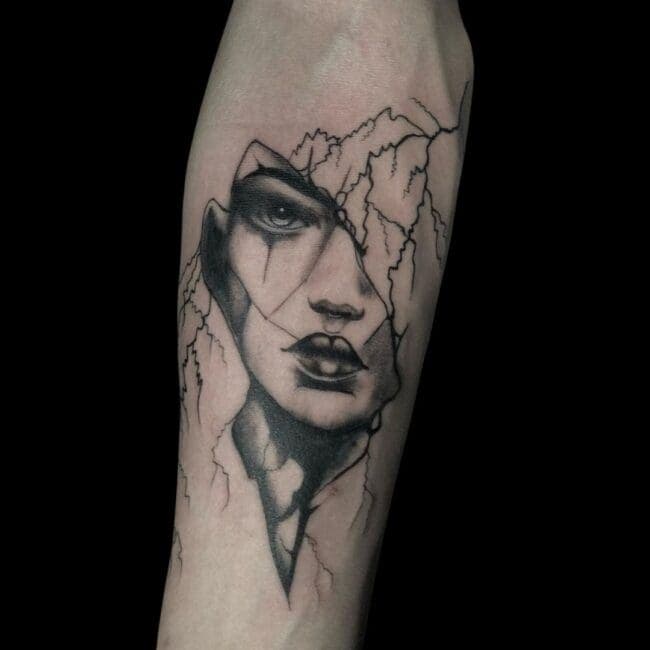 Nicolas Tattoo Artist Semi Realism Woman Mask Mountains Forearm Tattoo