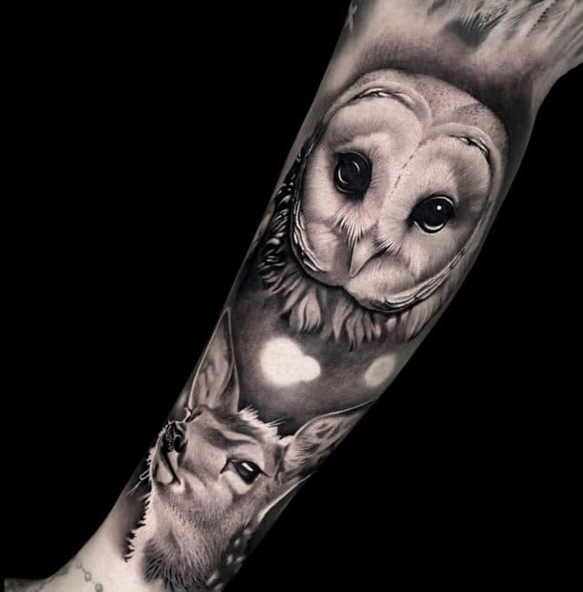 Penno Tattoo Artist Animal Realism Black And Grey Owl Deer Arm Sleeve Tattoo