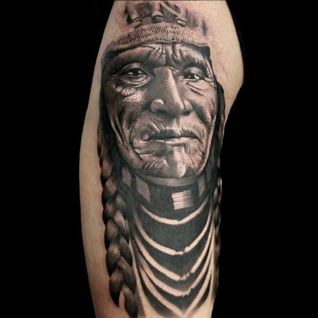 Penno Tattoo Artist Realism Black And Grey Native American Man Chief Arm Shoulder Tattoo