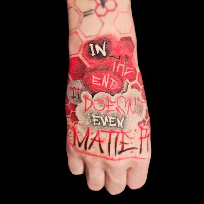 Raurie Tattoo Artist Polka Graffiti Trash Linkin Park Script Hand Forearm Colour Tattoo