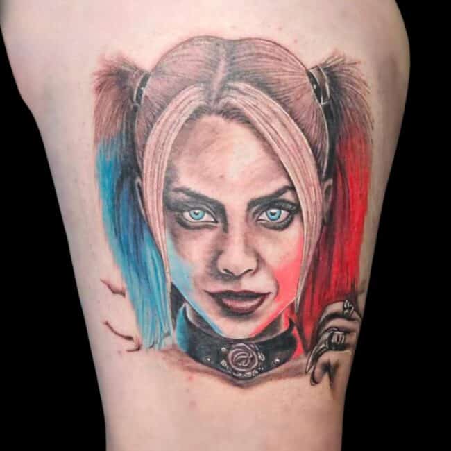 Raurie Tattoo Artist Realism Portrait Superhero Harley Quinn Coloured Hair Tattoo