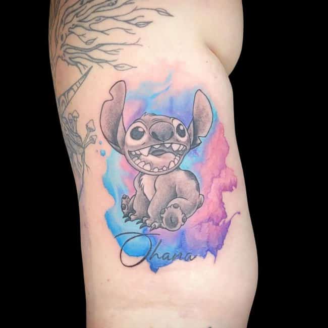 Raurie Tattoo Artist Watercolour Cartoon Stitch Ohana Arm Tattoo brisbane watercolour tattoo