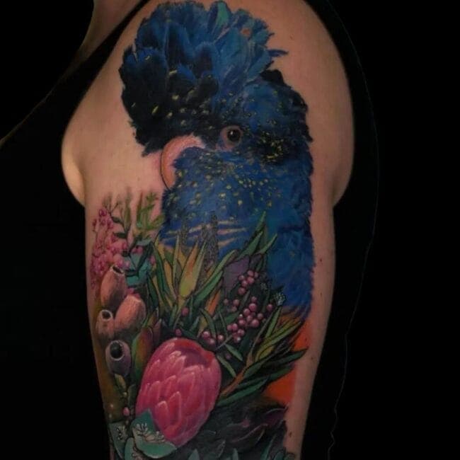 Sunny Tattoo Artist Colour Realism Parrot Bird Flowers Arm Sleeve Tattoo