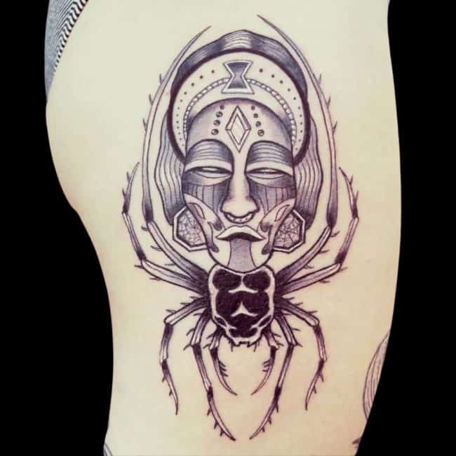 Thor Tattoo Artist Tribal African God Anansi Spider Queen Thigh Leg Tattoo