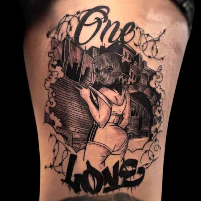 Truth Tattoo Artist Graffiti Barbed Wire Gangster Girl Script Thigh Tattoo