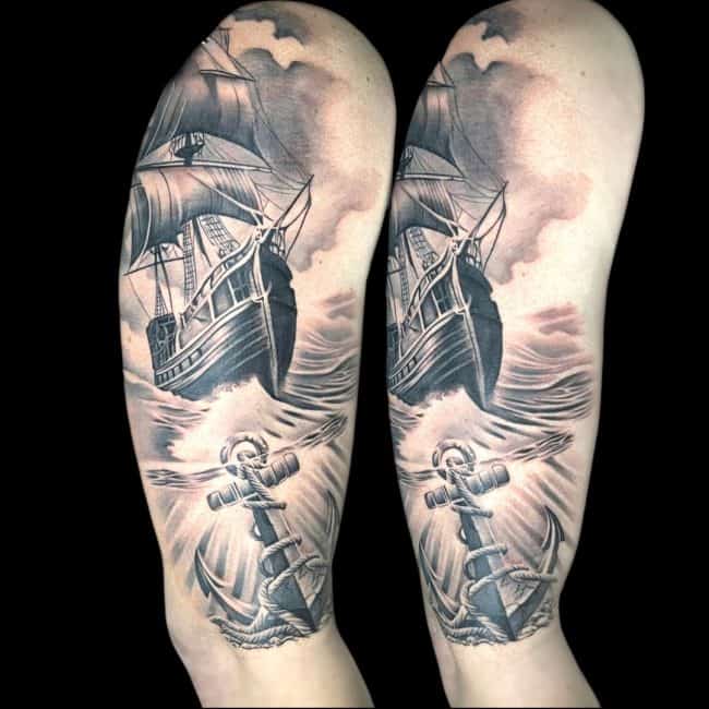 CJ Tattoo Artist Black And Grey Watercolour Realism Boat Ship Anvil Arm Tattoo