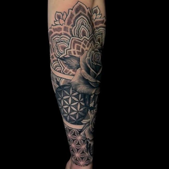 Corey Tattoo Artist Mandala Geometric Rose Forearm Wrap Around Tattoo