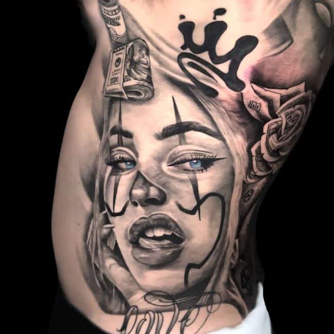 Erick Suarez Tattoo Artist Chicano Girl Money Gangster Side Tattoo