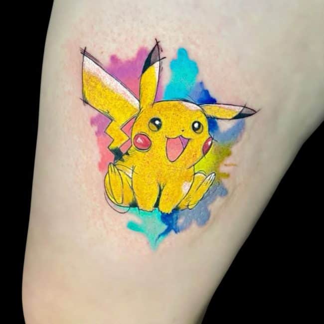Pablo Tattoo Artist Cartoon Pikachu Pokemon Watercolour Leg Tattoo
