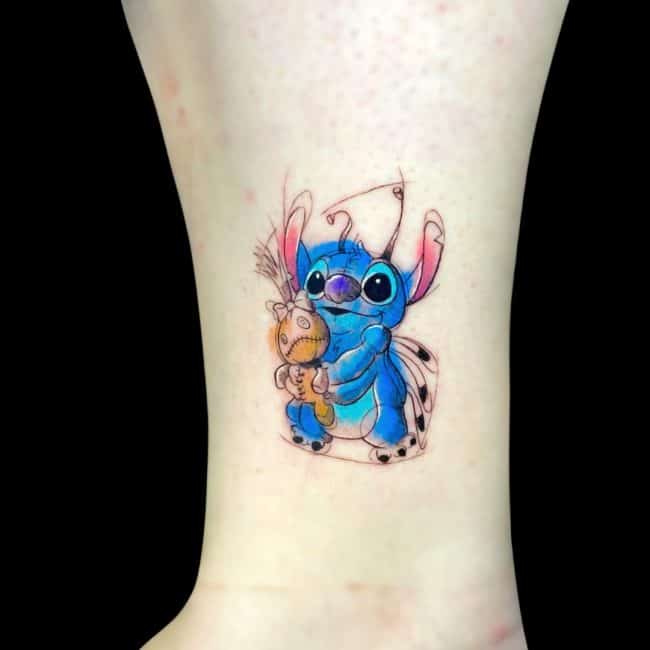 Pablo Tattoo Artist Stitch Watercolour Cartoon Anime Ankle Tattoo