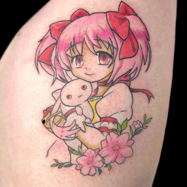 Piolo Tattoo Artist Anime Girl Flowers Watercolour Leg Tattoo