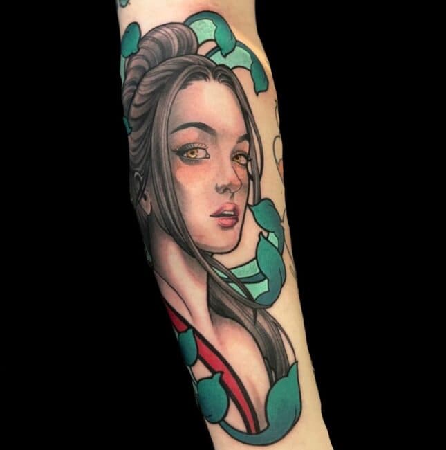 Rhys Sharp Tattoo Artist Neo Traditional Colour Beautiful Asian Woman Forearm Tattoo