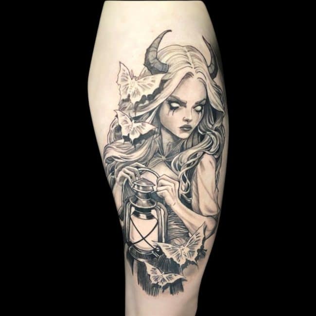 Ali Tattoo Artist Neo Traditional Woman Horns Butterflies Leg Tattoo