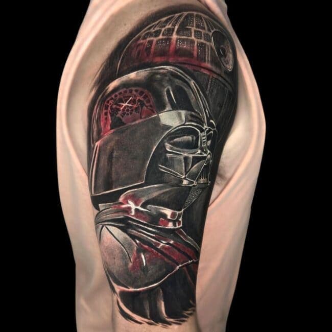Italo Tattoo Artist Cyber Scifi Realism Darth Vader Star Wars Arm Shoulder Tattoo
