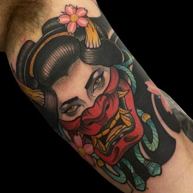 Rhys Sharp Tattoo Artist Neo Traditional Japanese Hannya Mask Woman Colour Tattoo
